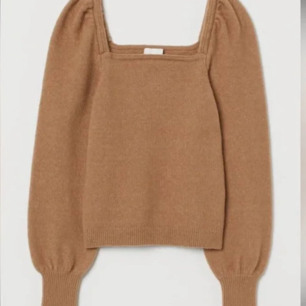 H&M Square Neck Puff Sleeves Knit Sweater Top Tan Camel Beige Size Large
